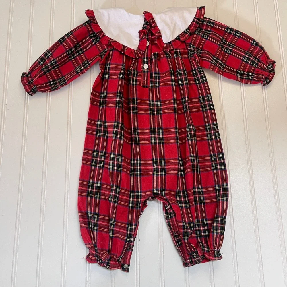 NWT Cecil and Lou Baby Girls Red Plaid Monogram LNC LCN Christmas Romper 9M
